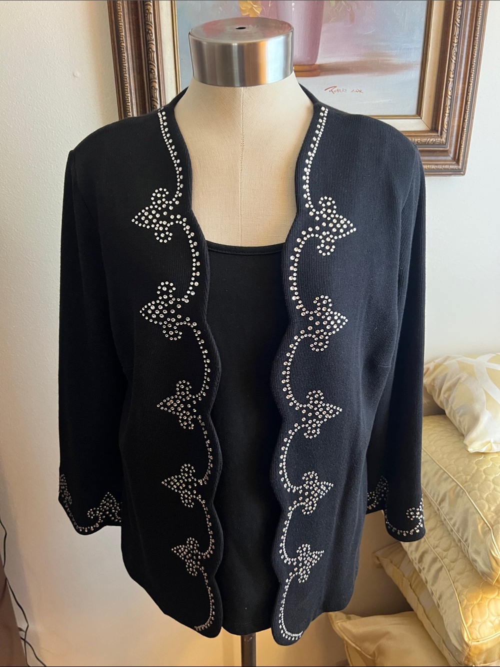 Bob Mackie Black Open Cardigan with Rhinestone Trim